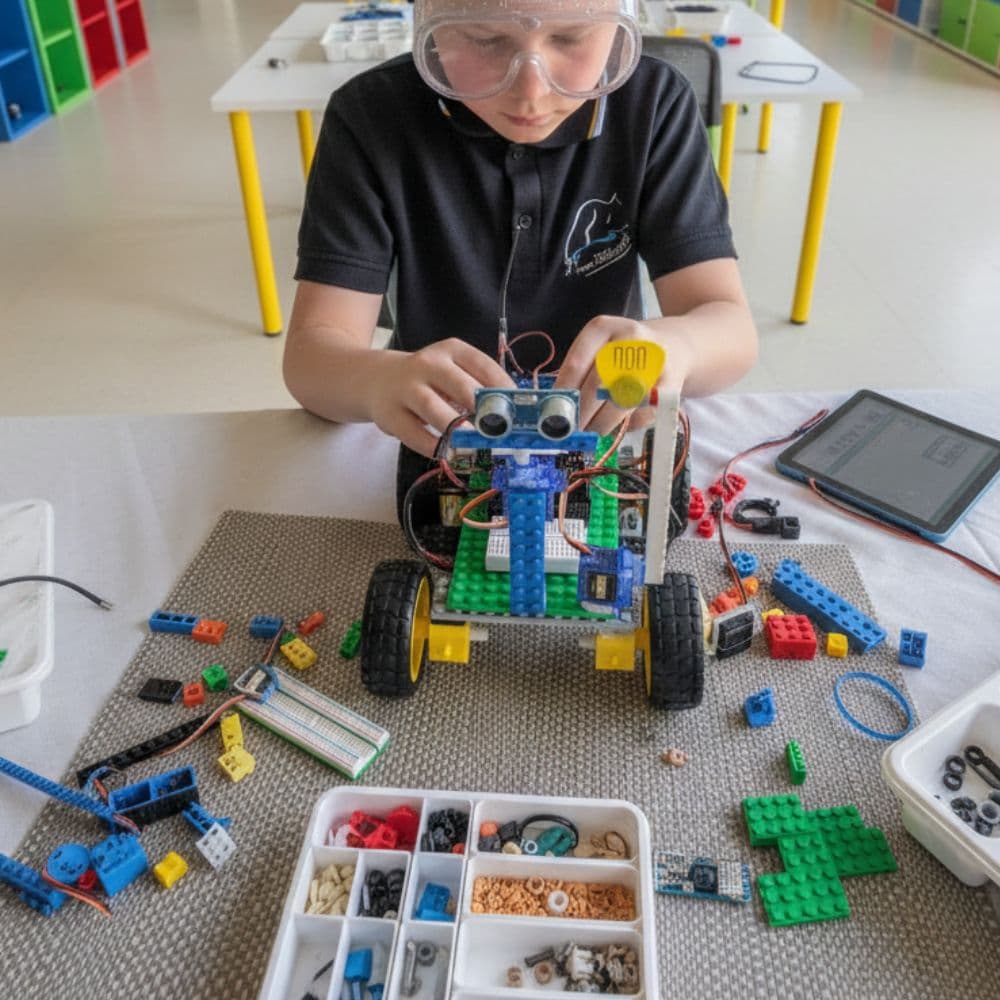 Young child carefully building their first robot rover at a ThinkerLab school holiday workshop