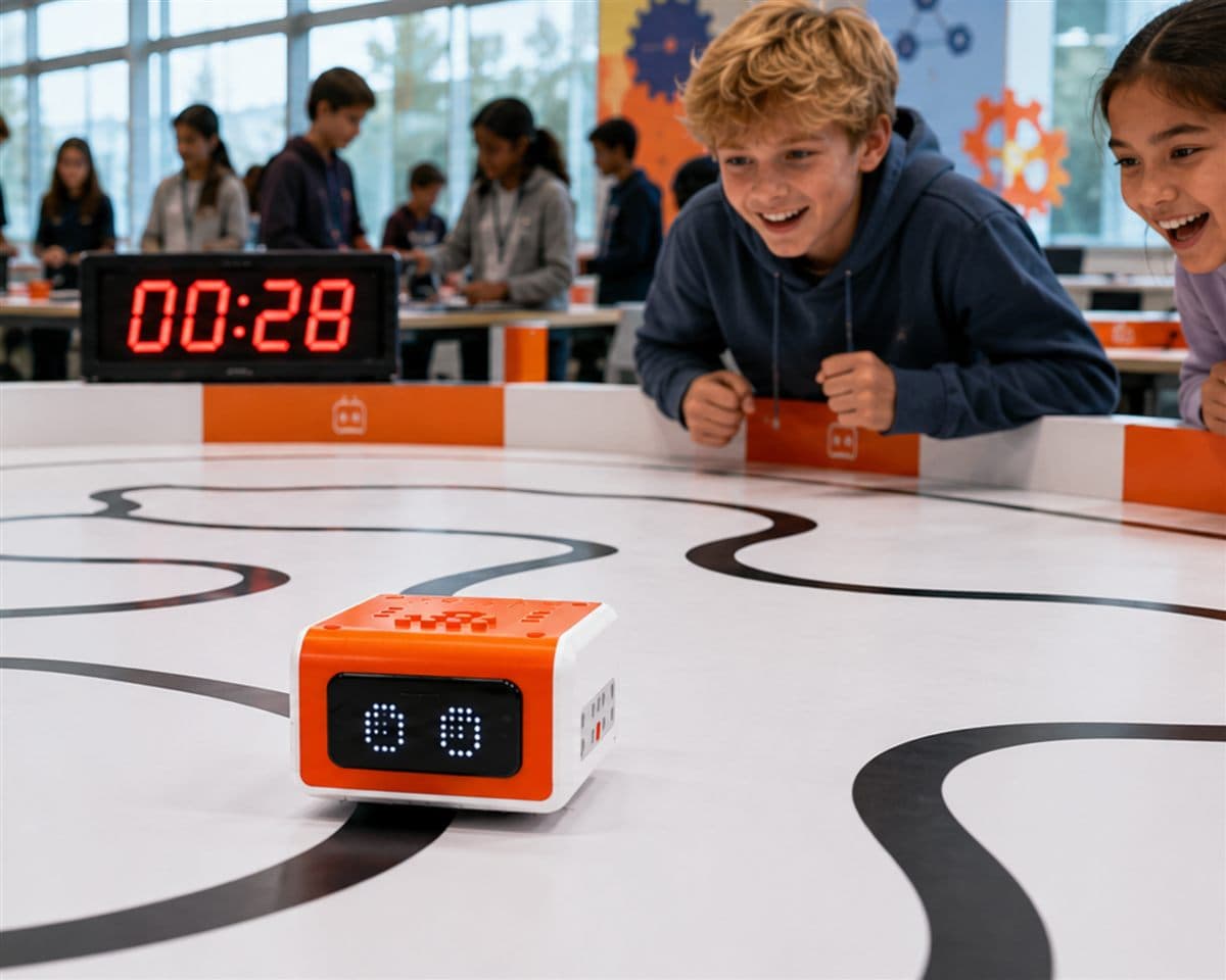 VinciBot robot navigating the ThinkerLab race track while excited kids watch the countdown timer