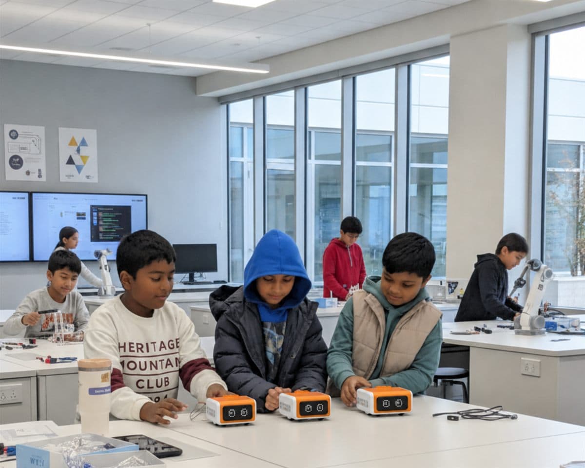 Children programming VinciBot robots at their desks during a ThinkerLab Hack the Track masterclass