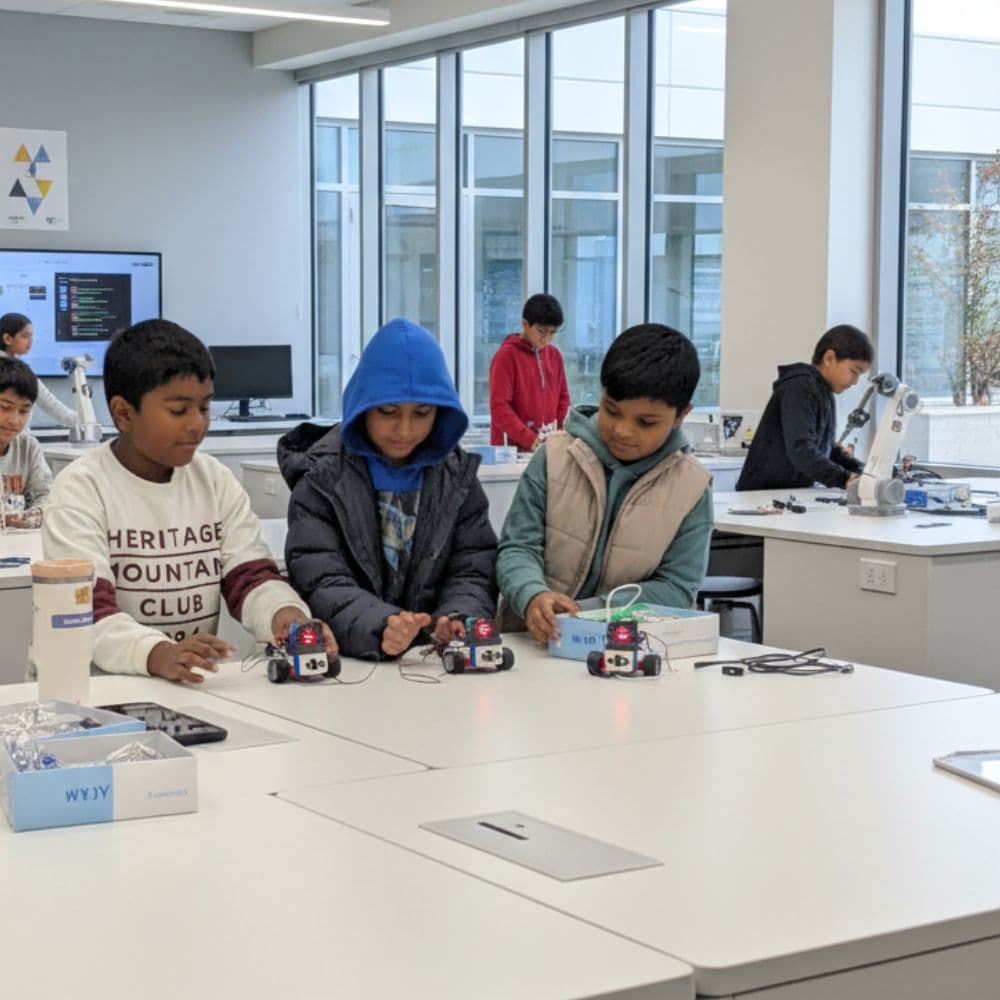 Children collaborating on a robotics project at a ThinkerLab after-school coding club in Melbourne
