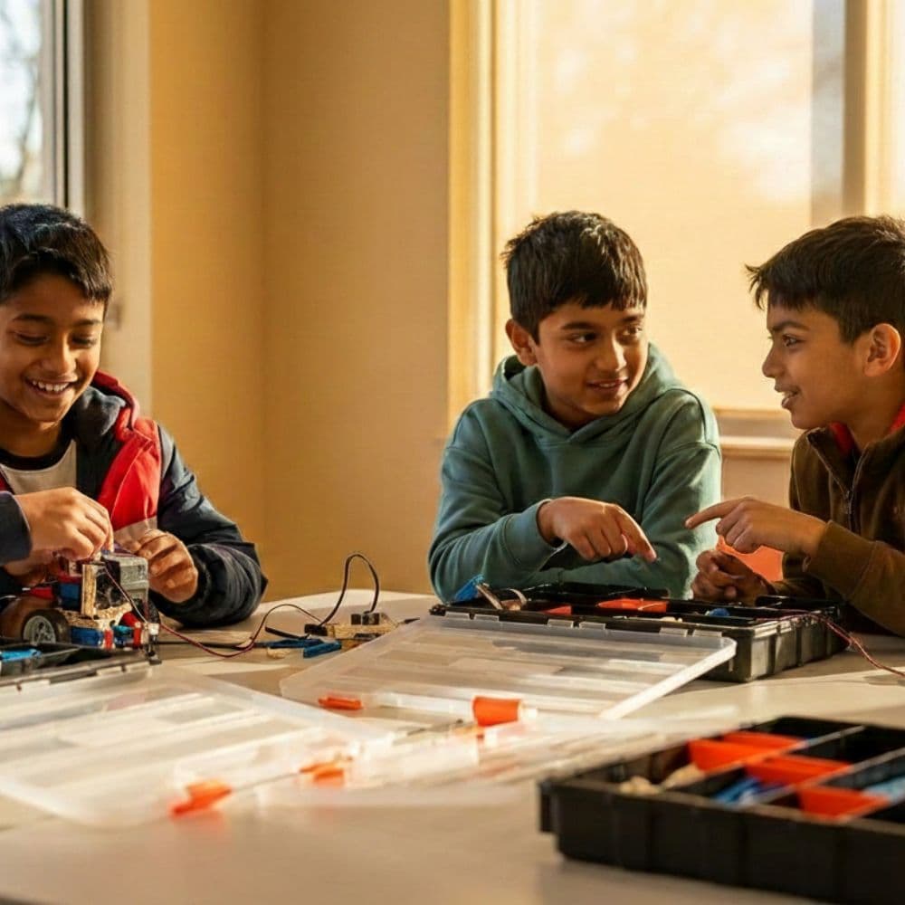 Kids designing a creative tech project at a ThinkerLab school holiday robotics workshop in Melbourne