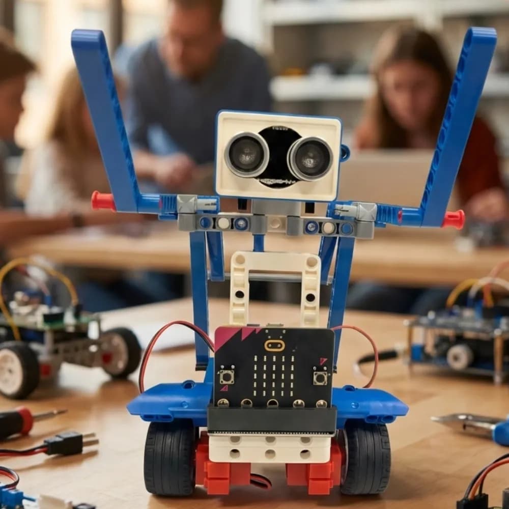 A micro:bit-powered robot rover built by kids at a ThinkerLab workshop