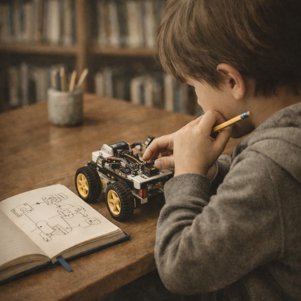 Not a Tech Kid — Melbourne A child building and problem-solving with a robot at a ThinkerLab workshop in Melbourne