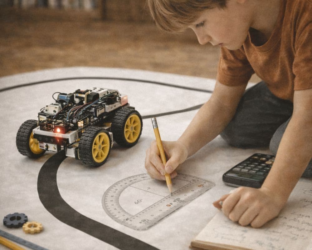How Robotics Builds Maths Skills and Confidence in Kids Child in a Melbourne robotics class using angles and measurements to build a robot
