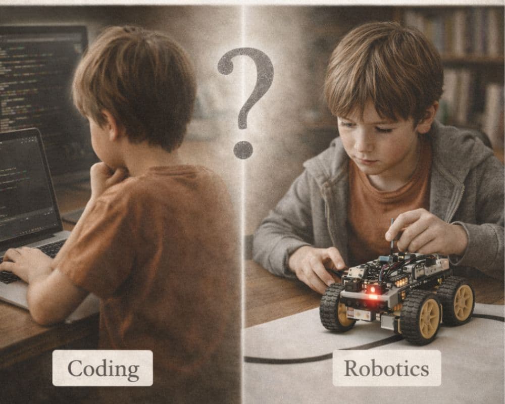 Coding vs Robotics for Kids — What to Start With First Melbourne child thinking about which to start first — coding or robotics classes